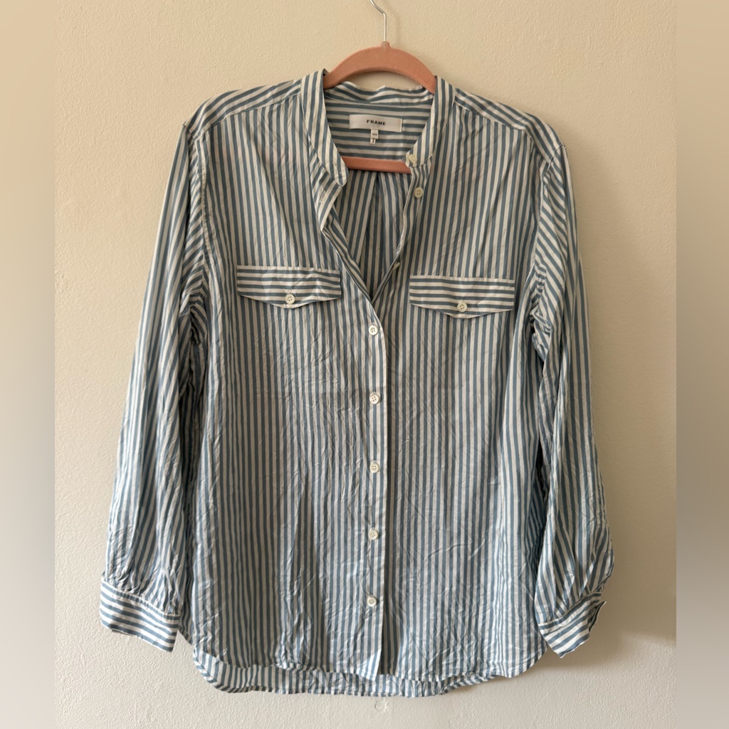 Frame Blue And White Striped Silk Blouse
